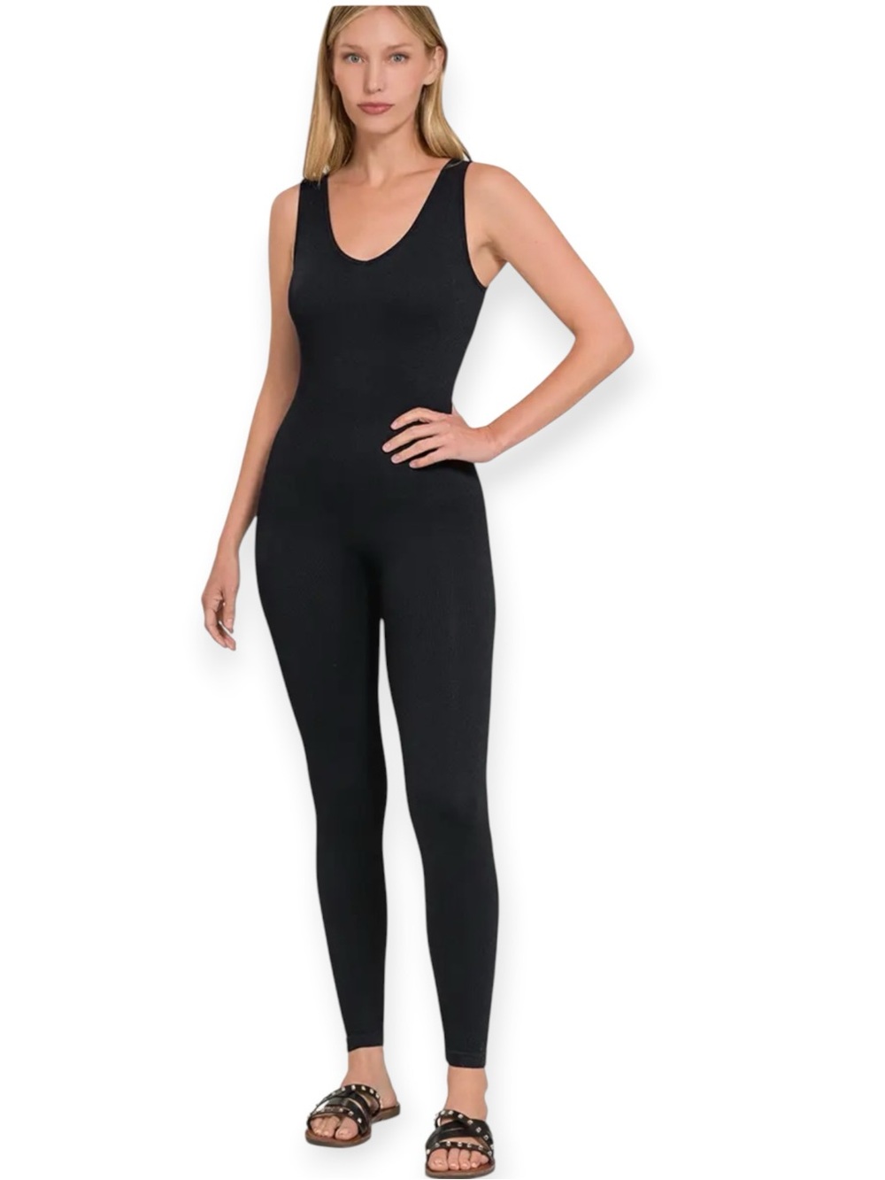 Zenana Classic Black Scoop Ribbed Jumpsuit Bodysuit Onesie Size S/M NIP